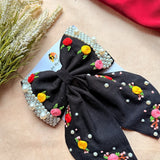 Godavari Black Hand Embroidered Floral Bow Hair Clip