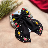 Godavari Black Hand Embroidered Floral Bow Hair Clip