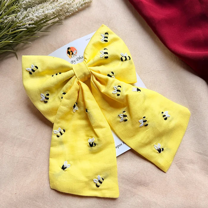Honey Bee Yellow Hand Embroidered Bow Hair Clip