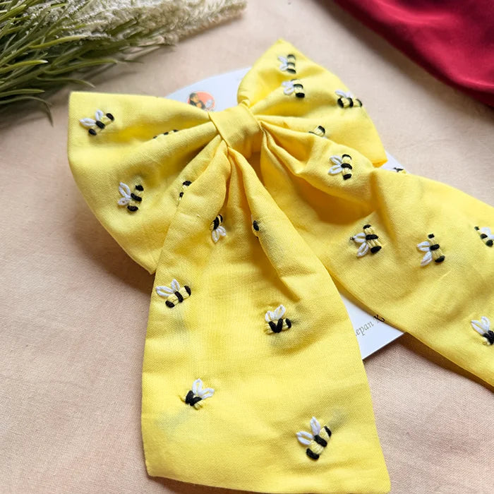 Honey Bee Yellow Hand Embroidered Bow Hair Clip