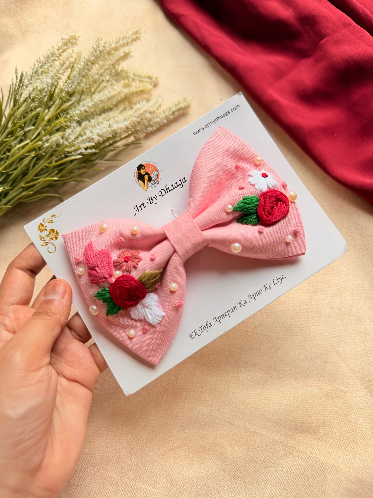 Cotton Candy Charm Hand Embroidered Floral Bow Hair Clip