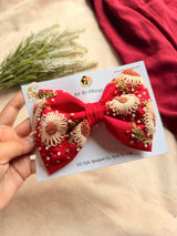 Aarya Red Hand Embroidered Daisy Bow Hair Clip