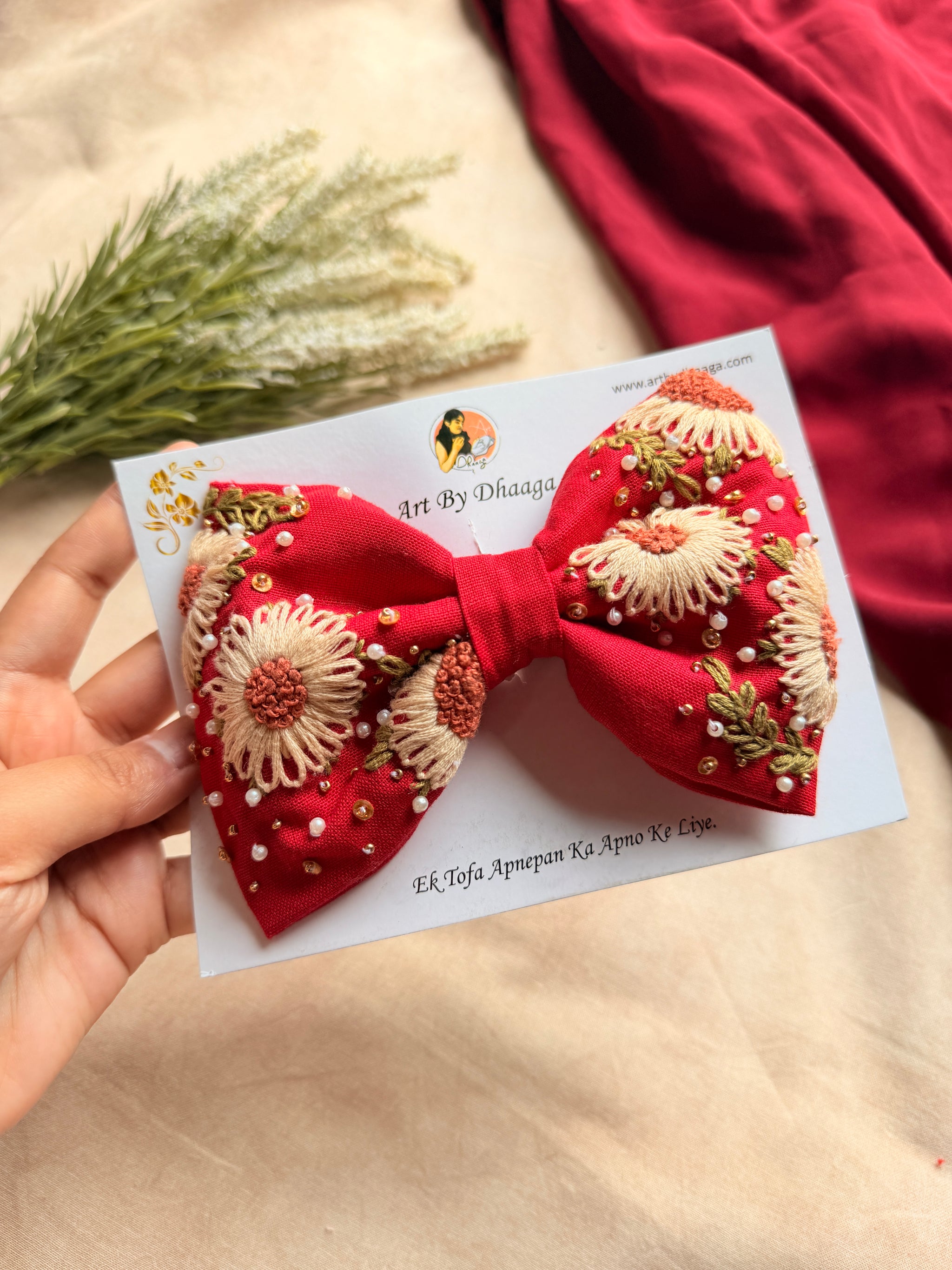 Aarya Red Hand Embroidered Daisy Bow Hair Clip