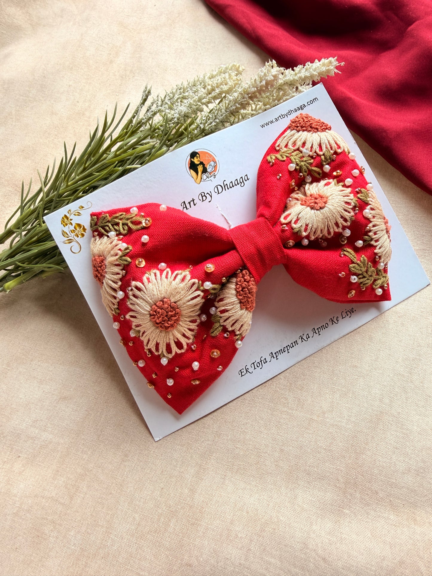 Aarya Red Hand Embroidered Daisy Bow Hair Clip