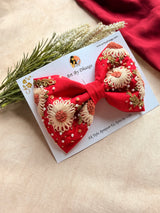 Aarya Red Hand Embroidered Daisy Bow Hair Clip
