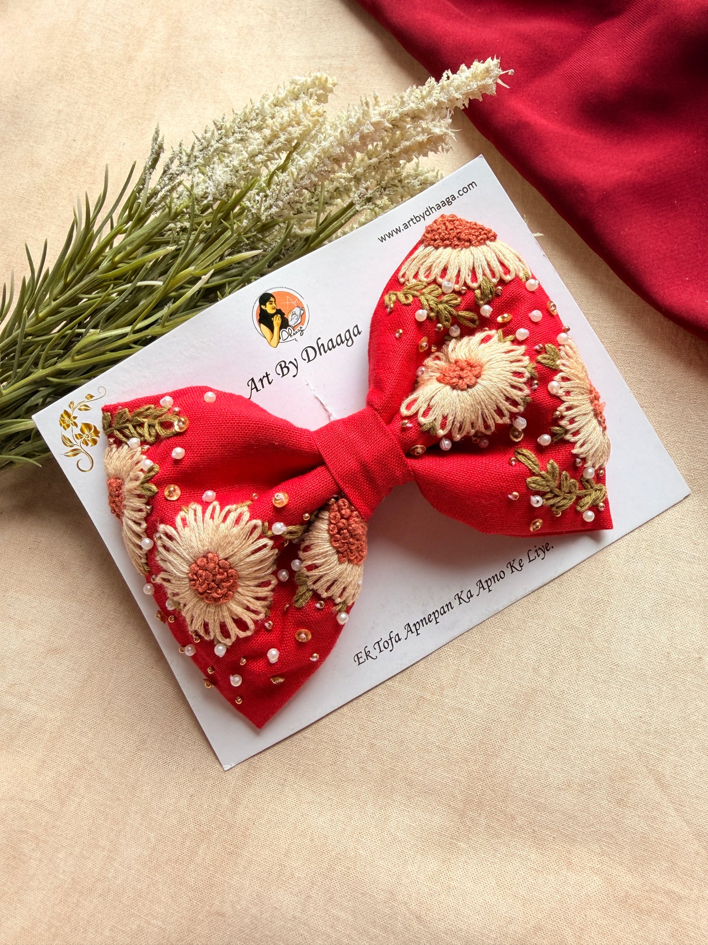 Aarya Red Hand Embroidered Daisy Bow Hair Clip