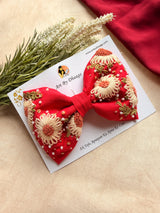 Aarya Red Hand Embroidered Daisy Bow Hair Clip