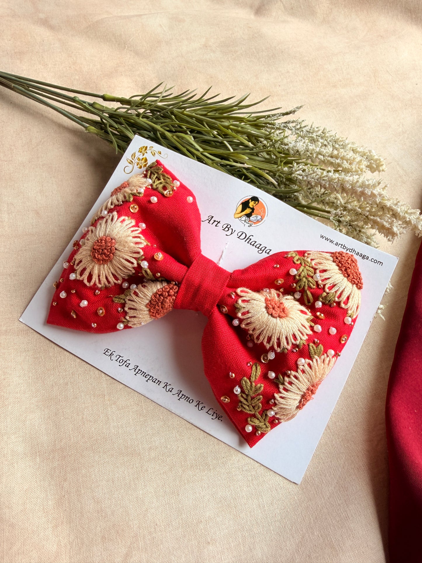 Aarya Red Hand Embroidered Daisy Bow Hair Clip