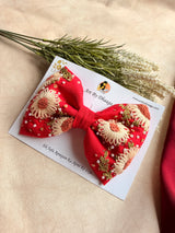 Aarya Red Hand Embroidered Daisy Bow Hair Clip