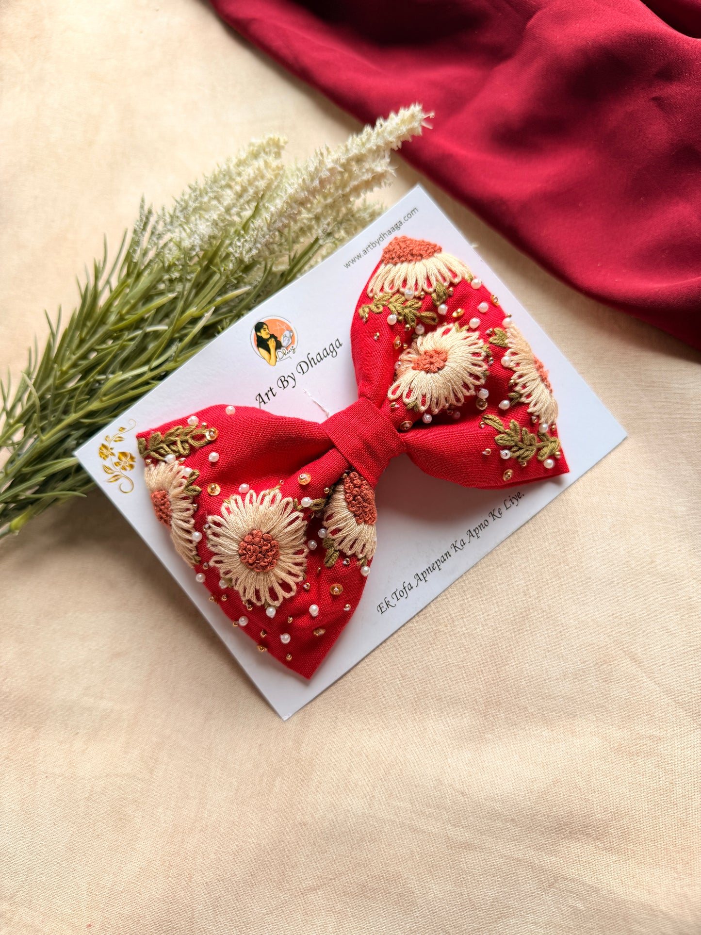 Aarya Red Hand Embroidered Daisy Bow Hair Clip