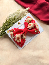 Aarya Red Hand Embroidered Daisy Bow Hair Clip