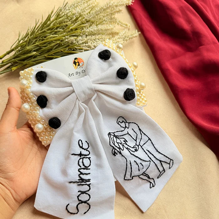 Soulmate Hand Embroidered Couple Bow Hair Clip – White