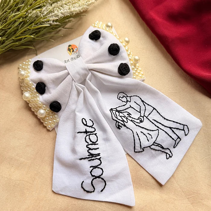 Soulmate Hand Embroidered Couple Bow Hair Clip – White