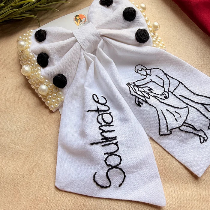 Soulmate Hand Embroidered Couple Bow Hair Clip – White