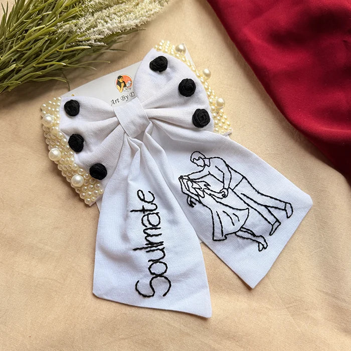 Soulmate Hand Embroidered Couple Bow Hair Clip – White