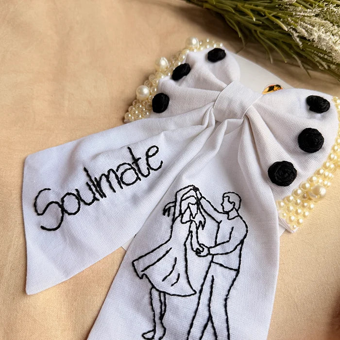 Soulmate Hand Embroidered Couple Bow Hair Clip – White