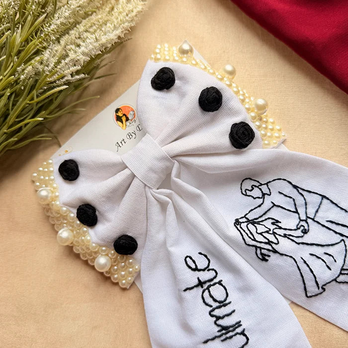 Soulmate Hand Embroidered Couple Bow Hair Clip – White