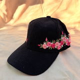 Aura Black Rose Crown Hand-Embroidered Corduroy Winter Cap | Handmade Floral Cap for Women