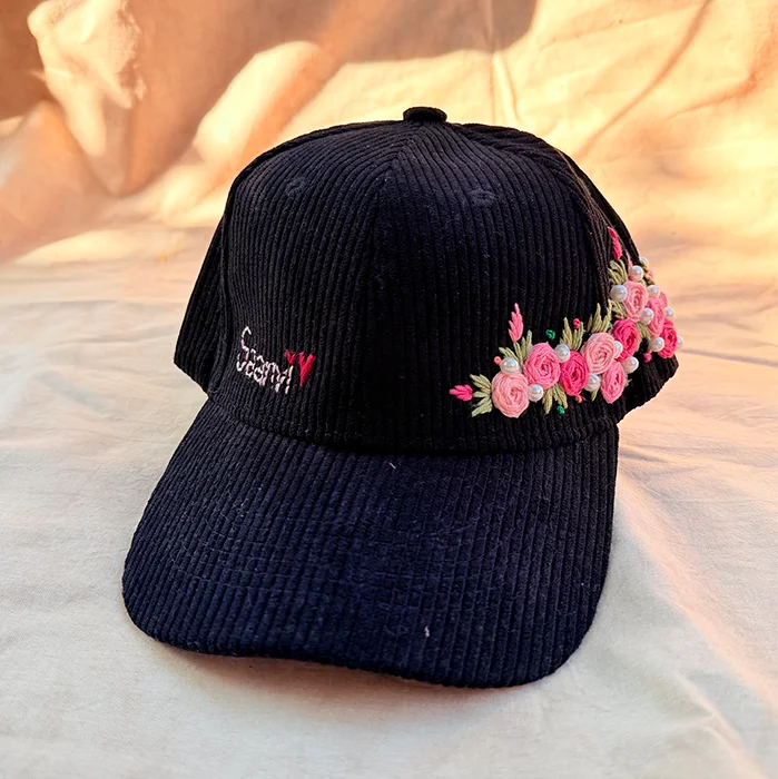 Aura Black Rose Crown Hand-Embroidered Corduroy Winter Cap | Handmade Floral Cap for Women