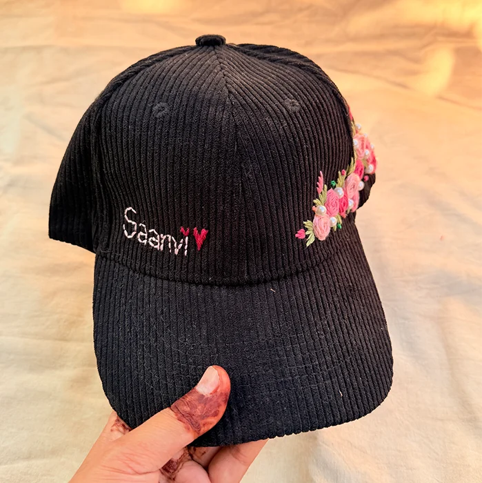 Aura Black Rose Crown Hand-Embroidered Corduroy Winter Cap | Handmade Floral Cap for Women