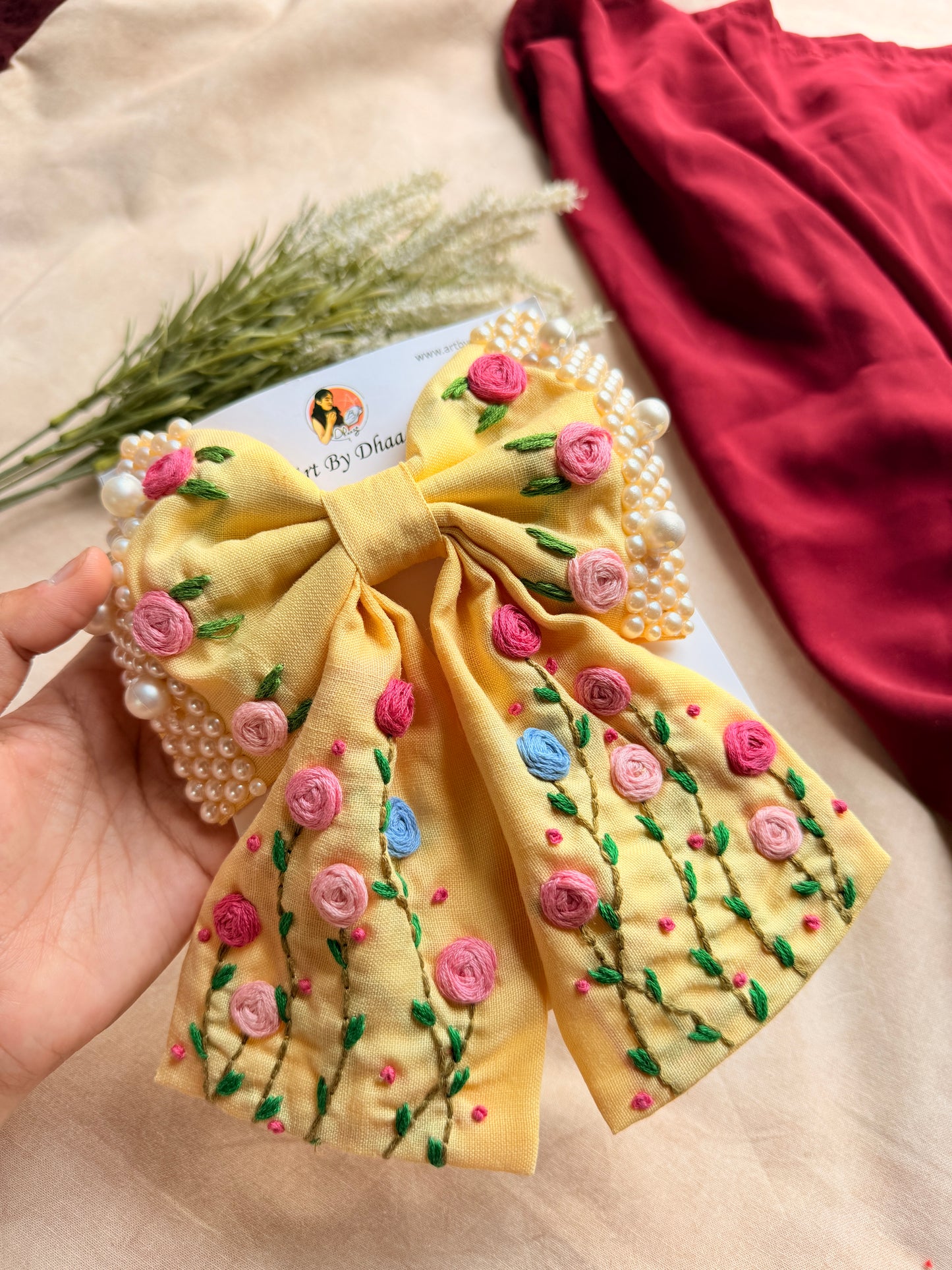 Apsara Yellow Hand Embroidered Floral Bow Hair Clip