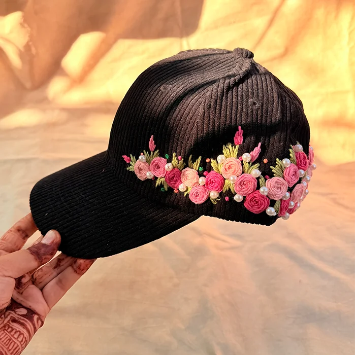 Aura Black Rose Crown Hand-Embroidered Corduroy Winter Cap | Handmade Floral Cap for Women