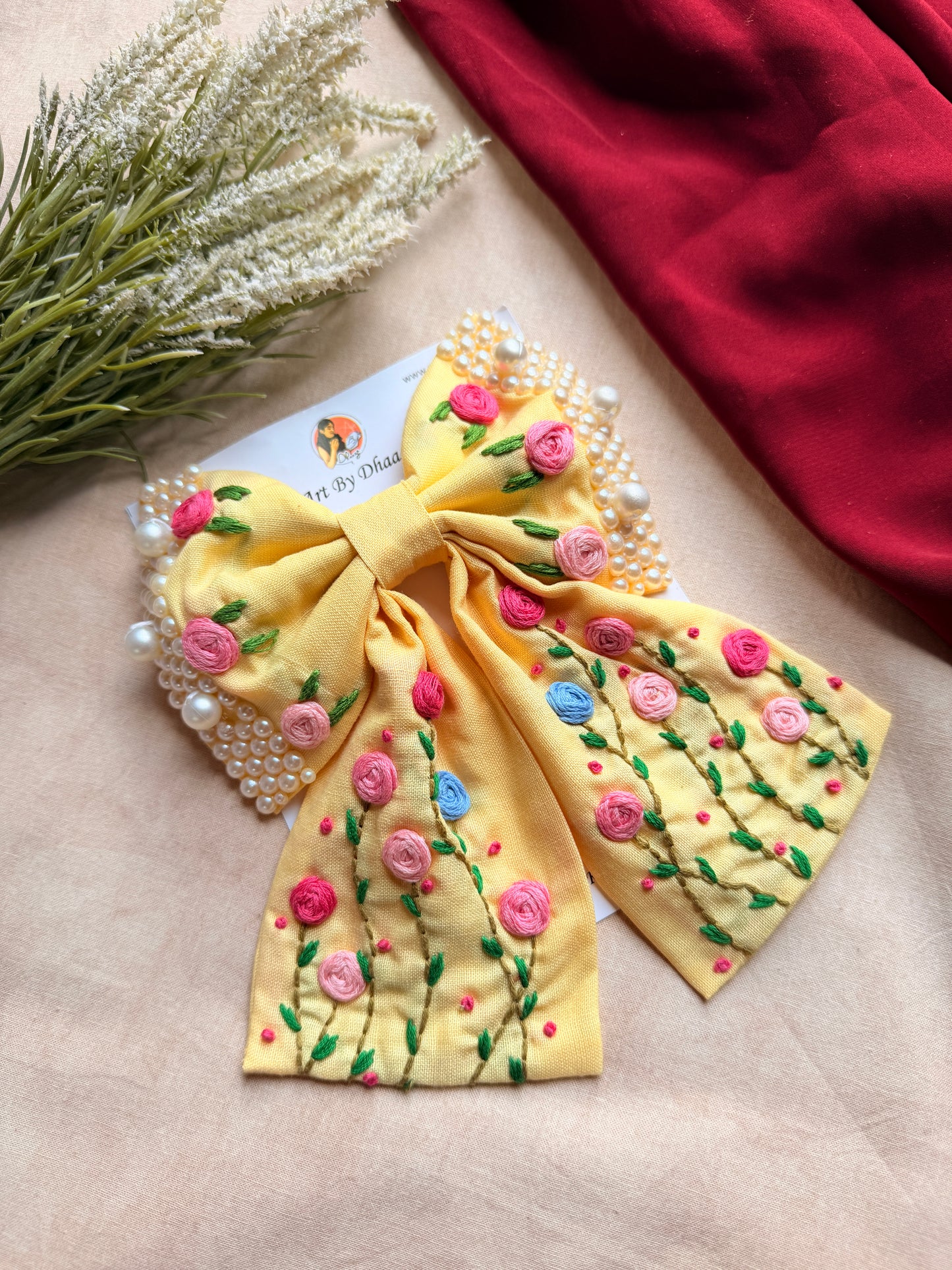 Apsara Yellow Hand Embroidered Floral Bow Hair Clip