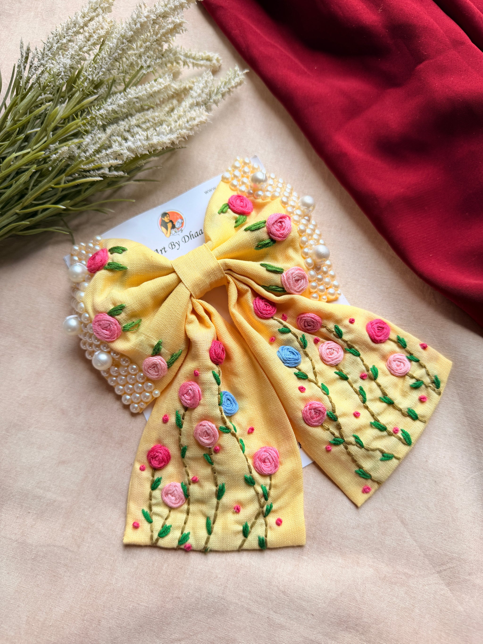 Apsara Yellow Hand Embroidered Floral Bow Hair Clip