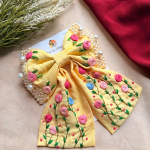Apsara Yellow Hand Embroidered Floral Bow Hair Clip