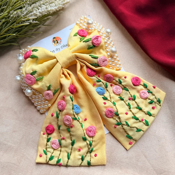 Apsara Yellow Hand Embroidered Floral Bow Hair Clip