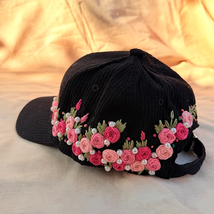 Aura Black Rose Crown Hand-Embroidered Corduroy Winter Cap | Handmade Floral Cap for Women