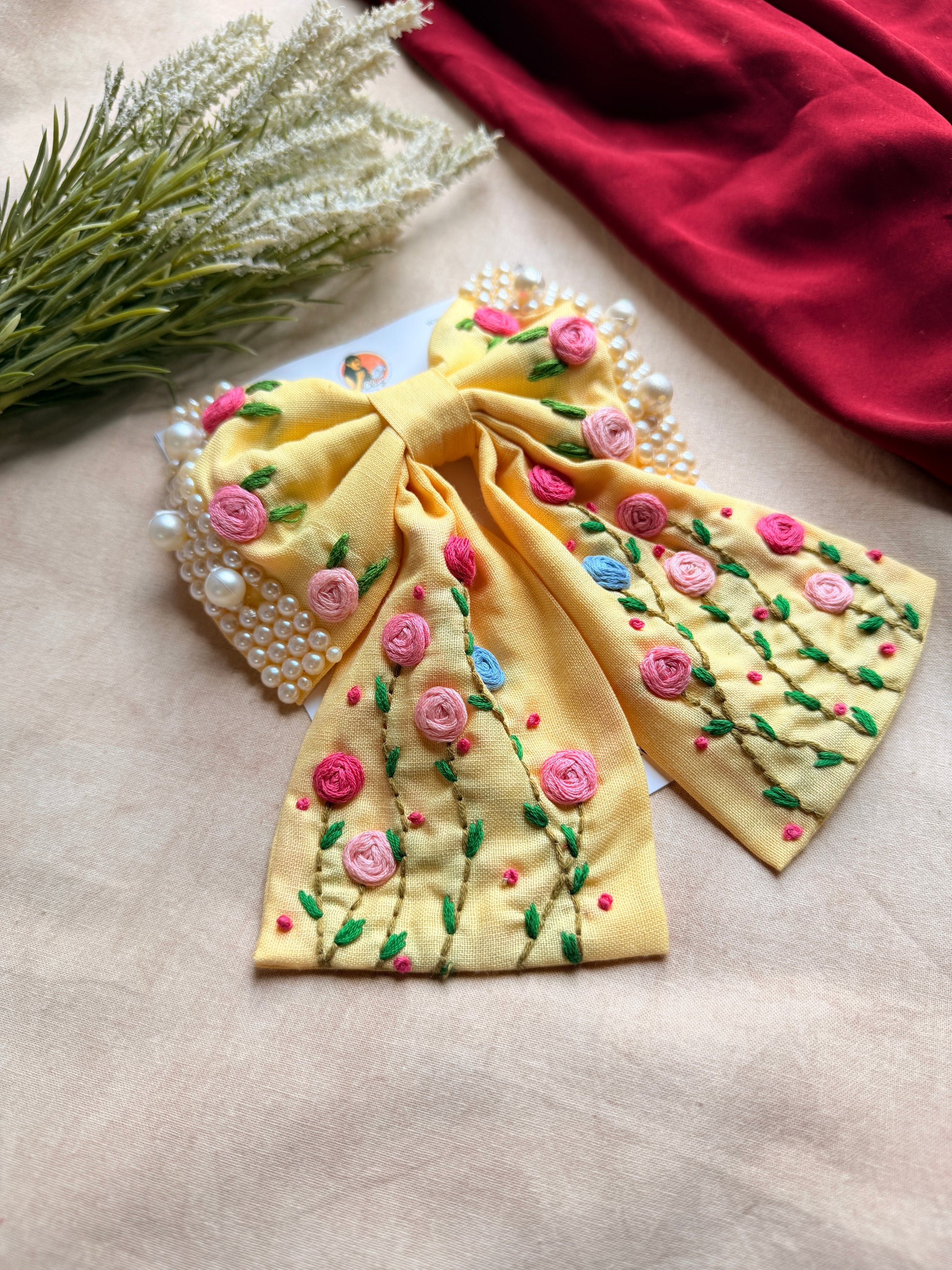 Apsara Yellow Hand Embroidered Floral Bow Hair Clip