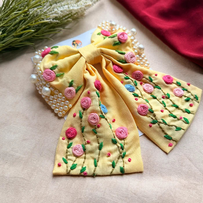 Apsara Yellow Hand Embroidered Floral Bow Hair Clip