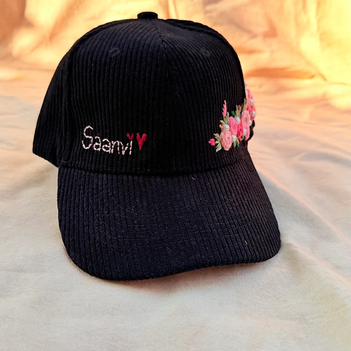 Aura Black Rose Crown Hand-Embroidered Corduroy Winter Cap | Handmade Floral Cap for Women
