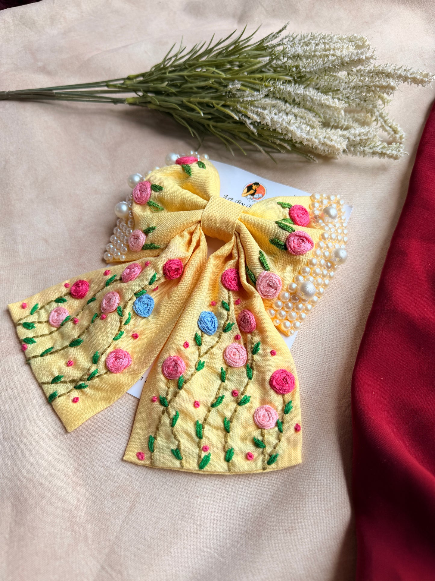 Apsara Yellow Hand Embroidered Floral Bow Hair Clip
