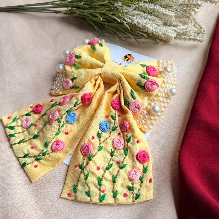 Apsara Yellow Hand Embroidered Floral Bow Hair Clip