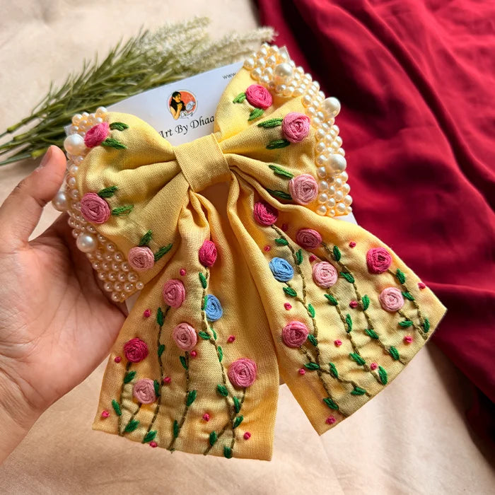 Apsara Yellow Hand Embroidered Floral Bow Hair Clip