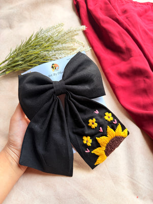 Be My Sunflower Black Hand Embroidered Bow Hair Clip