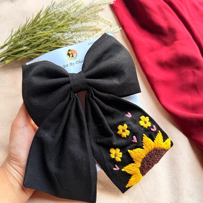 Be My Sunflower Black Hand Embroidered Bow Hair Clip