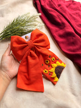 Be My Sunflower Orange Hand Embroidered Bow Hair Clip