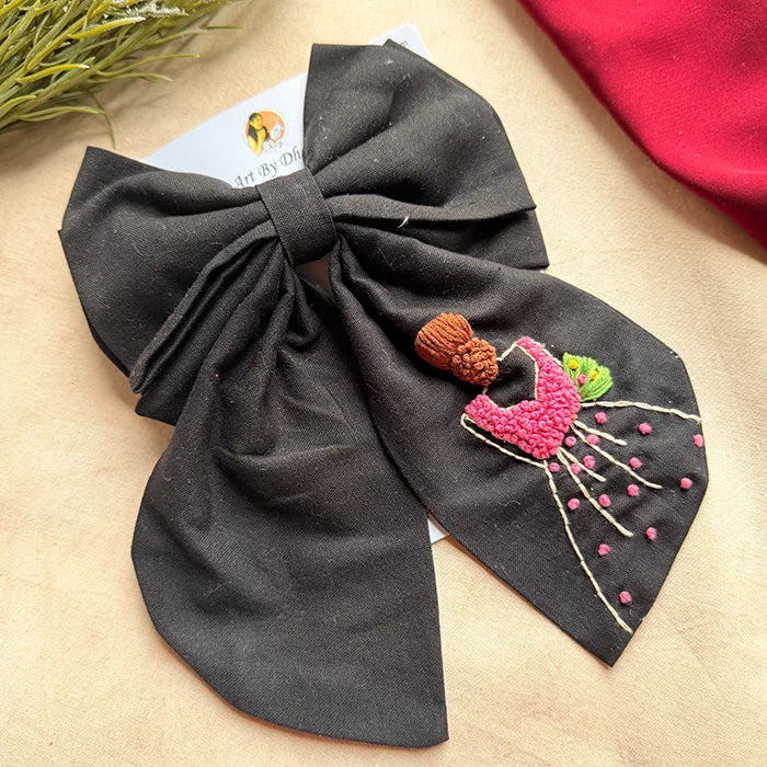 Khoobsurat Black Hand Embroidered Bridal Bow Hair Clip
