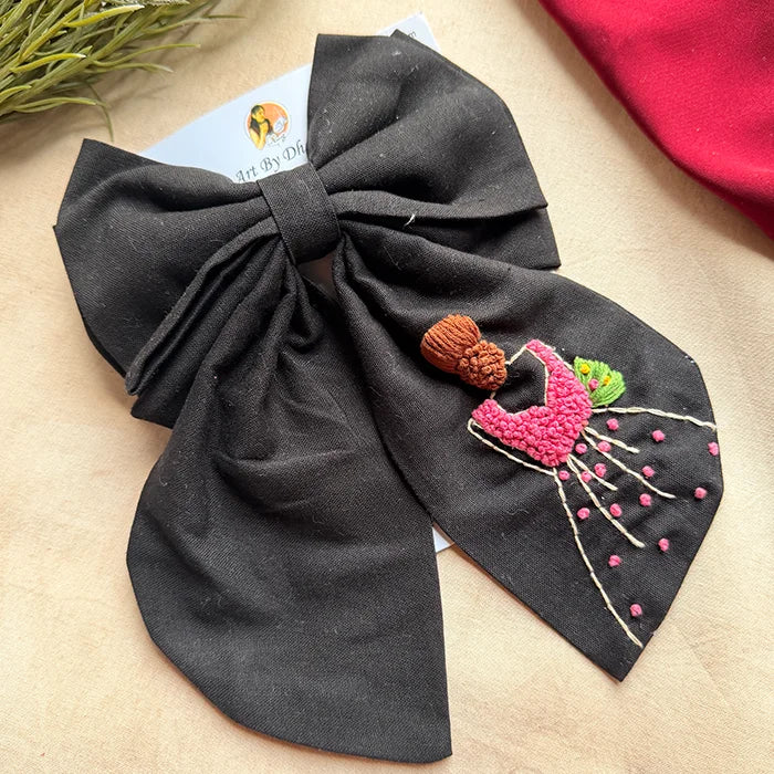 Khoobsurat Black Hand Embroidered Bridal Bow Hair Clip