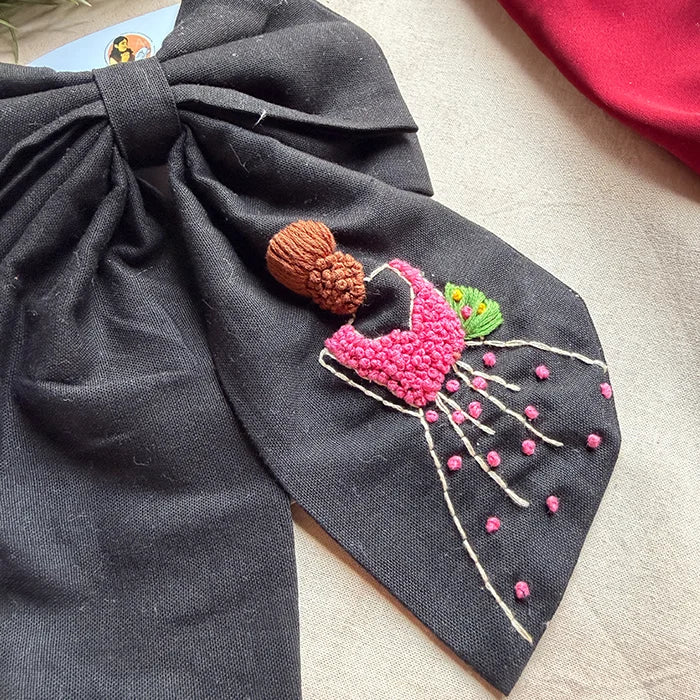 Khoobsurat Black Hand Embroidered Bridal Bow Hair Clip