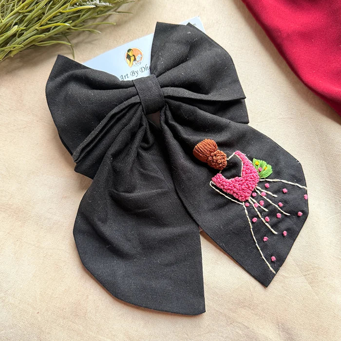 Khoobsurat Black Hand Embroidered Bridal Bow Hair Clip