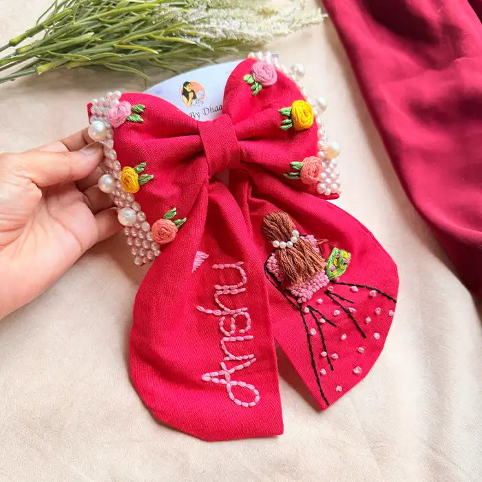 Aaina Red Personalized Hand Embroidered Bow Hair Clip