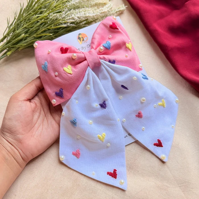 Cupid Embrace Pink Hand Embroidered Heart Bow Hair Clip