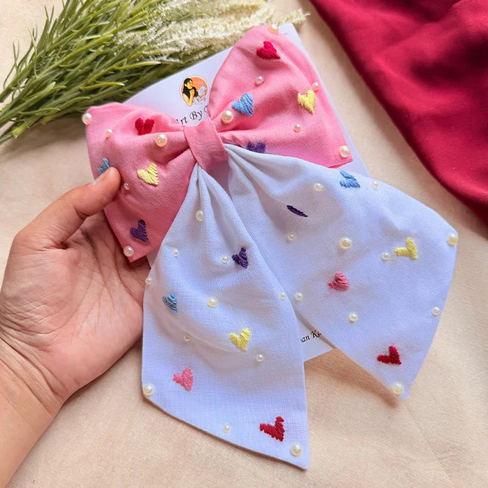 Cupid Embrace Pink Hand Embroidered Heart Bow Hair Clip