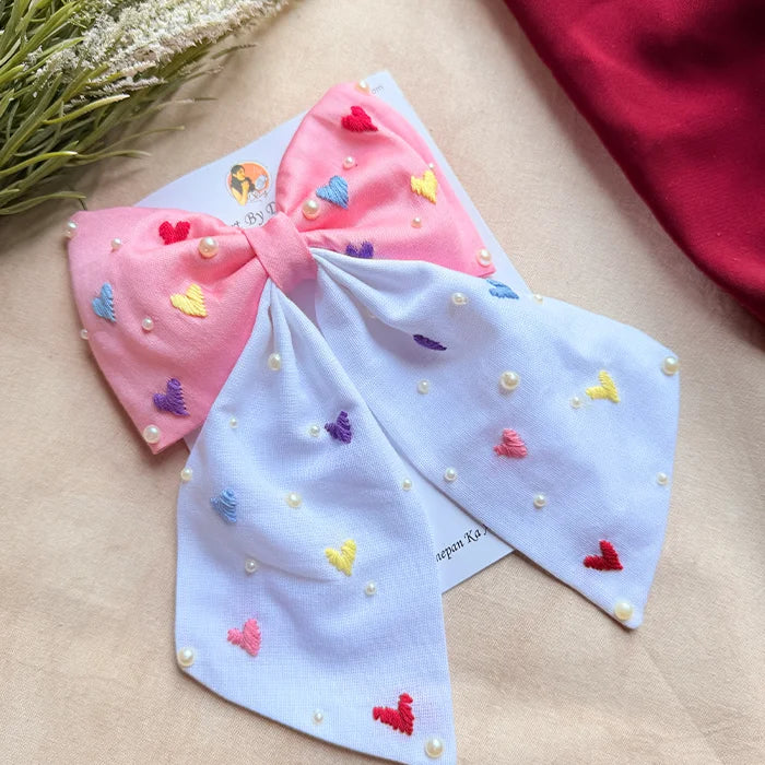 Cupid Embrace Pink Hand Embroidered Heart Bow Hair Clip