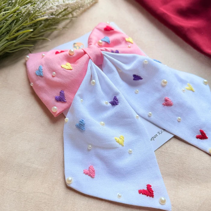 Cupid Embrace Pink Hand Embroidered Heart Bow Hair Clip