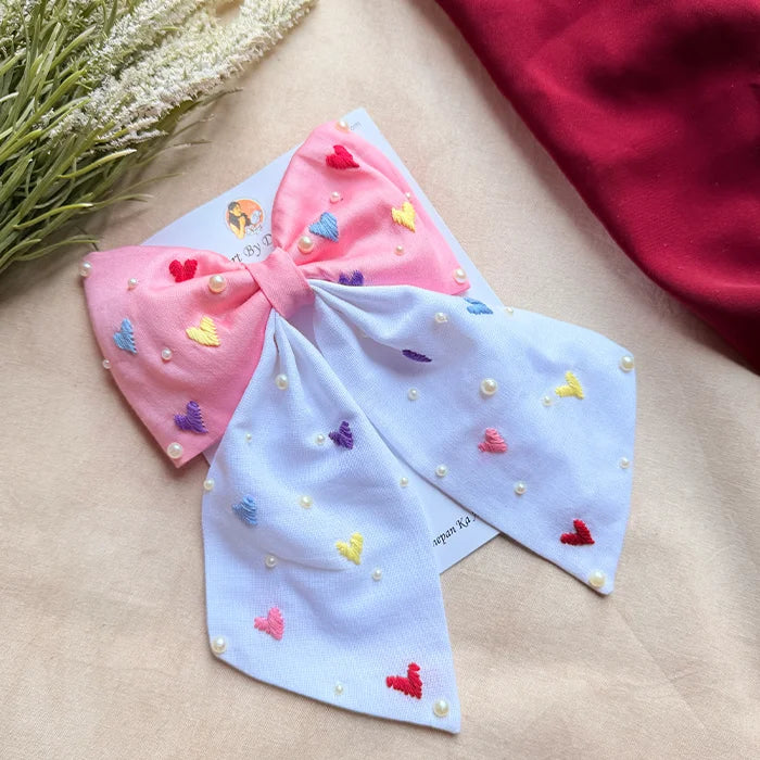 Cupid Embrace Pink Hand Embroidered Heart Bow Hair Clip